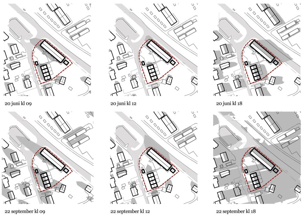 Bilder visar på hur skuggan från den föreslagna bebyggelsen faller under olika tider på dagen under juni respektive september. 