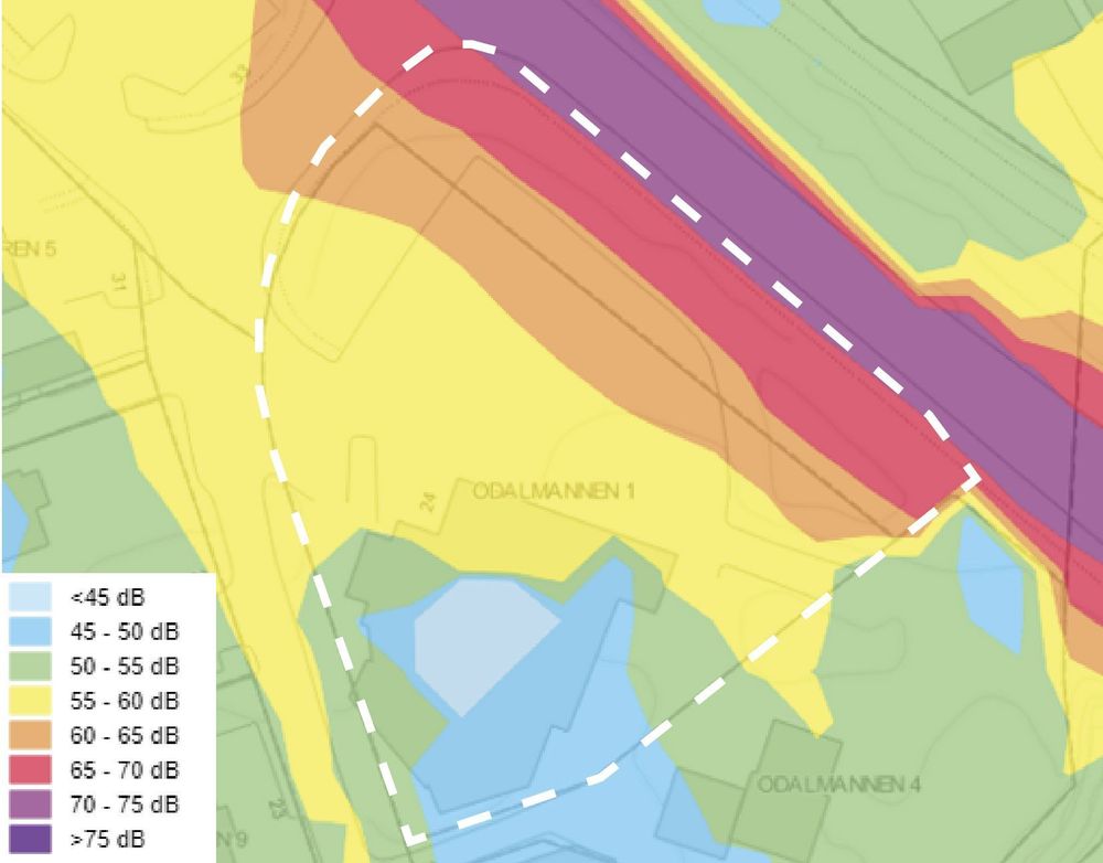 Karta som visar ekvivalent bullernivå, där nivåerna är som högst utmed Häradsvägen. Där uppgår den ekvivalenta bullernivån 70 decibel. Längst bort från Häradsvägen är den ekvivalenta runt 50-60 decibel.