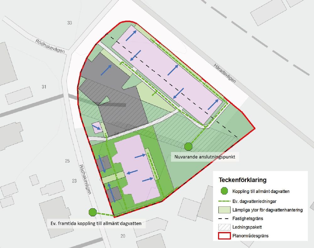 Karta som visar på dagvattenåtgärder i form av ledningar och grönytor. Dagvattnet föreslås fördröjas inne i området innan det rinner vidare i ledningsnätet.