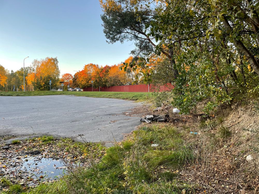 Foto över planområdet idag, sett från södra delen mot Häradsvägen. Fotot visar på hårdgjorda och tomma ytor samt städ och sly närmast fastighetsgränsen i sydöst.