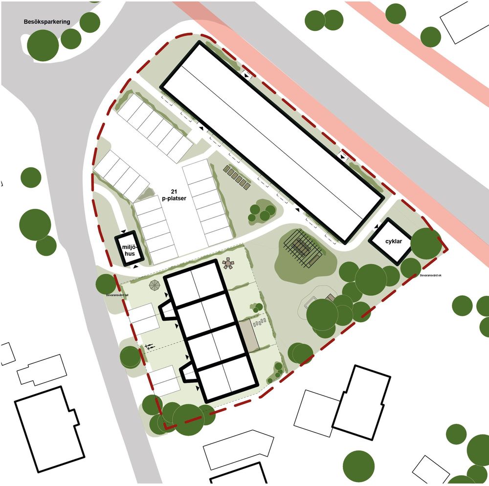 Illustrationsbild som visar på placering av föreslagen bebyggelse, parkering och gård. Ett flerbostadshus placeras parallellt med Häradsvägen och radhus placeras utmed Rödhakevägen, en bit in på fastigheten.