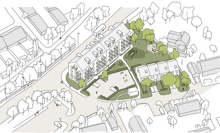 Illustrationsvy över föreslagen bebyggelse, där ett flerbostadshus placeras mot Häradsvägen och radhus vänds mot Rödhakevägen.